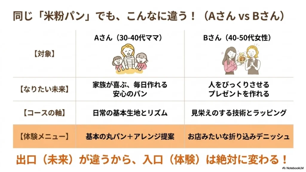 同じ「米粉パン」でも、こんなに違う！AさんvsBさんの比較表：対象（30-40代ママ／40-50代女性）／なりたい未来（毎日作れる家族のパン／人をびっくりさせるプレゼント）／コースの軸／体験メニュー（基本のパン＋アレンジ提案／お洒落な折り込みデニッシュ）を示すスライド