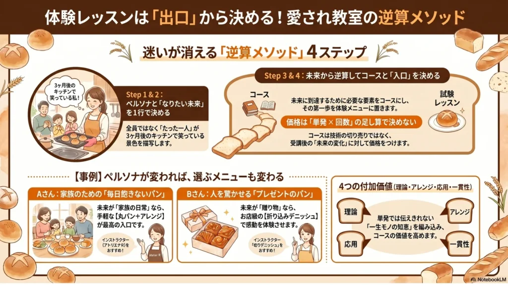 体験レッスンは「出口」から決める！愛され教室の逆算メソッド4ステップまとめ図解：迷いが消える逆算メソッド（Step1〜4の流れ）と、AさんBさんの事例、4つの付加価値を網羅したインフォグラフィック