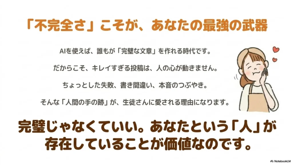 「不完全さ」こそが、あなたの最強の武器：AIを使えば誰もが「完璧な文章」を作れる時代だからこそキレイすぎる投稿は人の心が動かない／ちょっとした失敗・書き間違い・本音のひとつ＝「人間の手の跡」が生徒さんに愛される理由、完璧じゃなくていい「あなたという人」が存在することが価値、を示すスライド