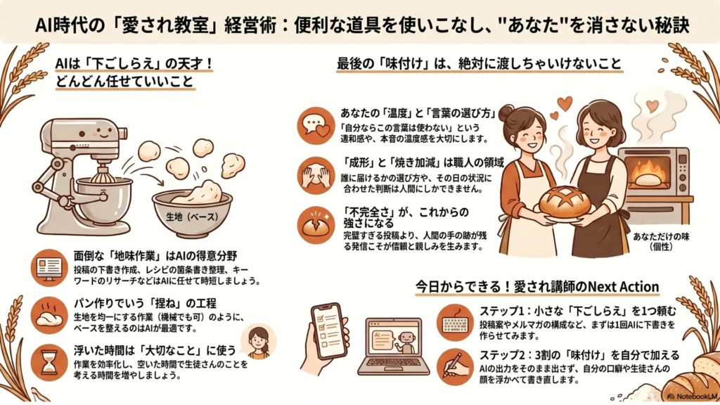 AI時代の「愛され教室」経営術まとめ図解：便利な道具を使いこなし、あなたを消さない秘訣。下ごしらえは任せる／味付けは渡さないの線引きとNext Actionを網羅したインフォグラフィック