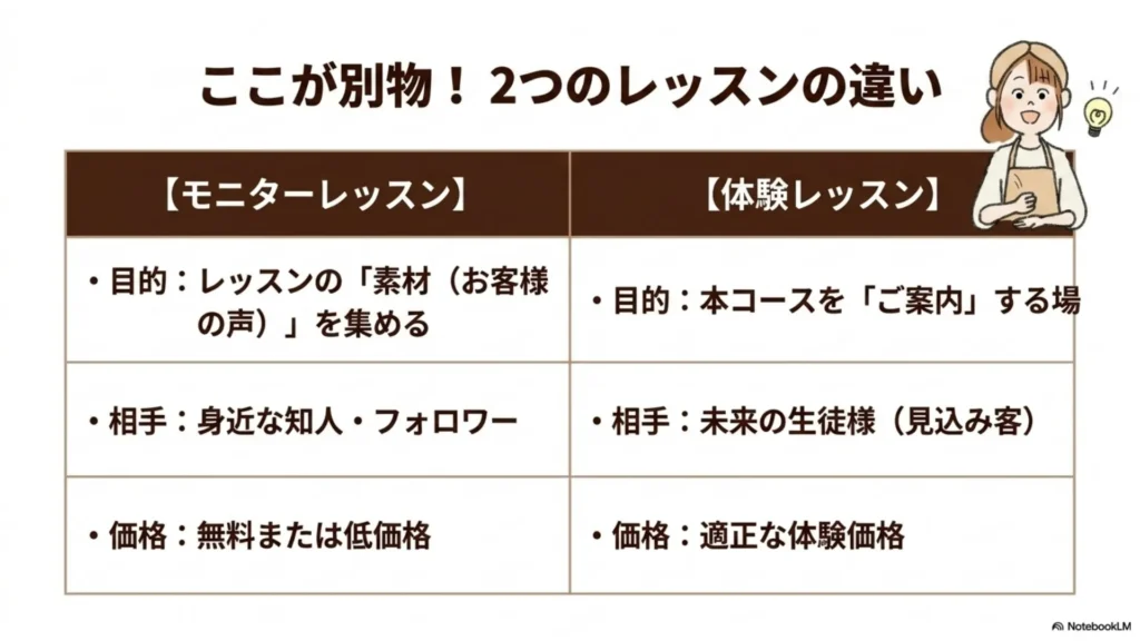 ここが別物！2つのレッスンの違い：【モニターレッスン】目的=素材を集める／相手=身近な知人・フォロワー／価格=無料または低価格／【体験レッスン】目的=本コースへご案内／相手=未来の生徒様／価格=適正な体験価格、を比較したスライド