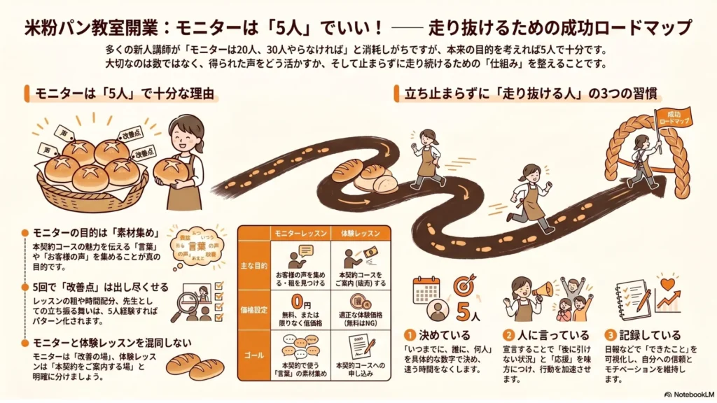 米粉パン教室開業：モニターは「5人」でいい！〜走り抜けるための成功ロードマップ〜まとめ図解：モニターは5人で十分な理由、立ち止まる人と走り抜ける人の3つの習慣を網羅したインフォグラフィック