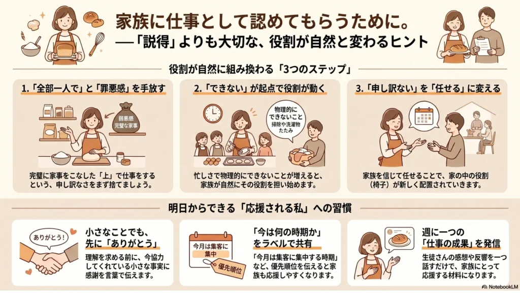 家族に仕事として認めてもらうために「説得」よりも大切な、役割が自然と変わるヒントまとめ図解：役割が自然に組み変わる「3つのステップ」と明日からできる3つのNext Actionと「今は何の時期かを伝える」を1つだけ習慣にする、を網羅したインフォグラフィック