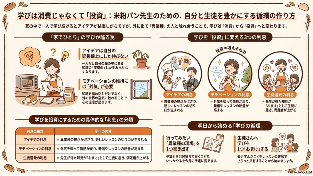 学びは消費じゃなくて投資〜米粉パン先生のための、自分と生徒さんを豊かにする循環の作り方〜まとめ図解