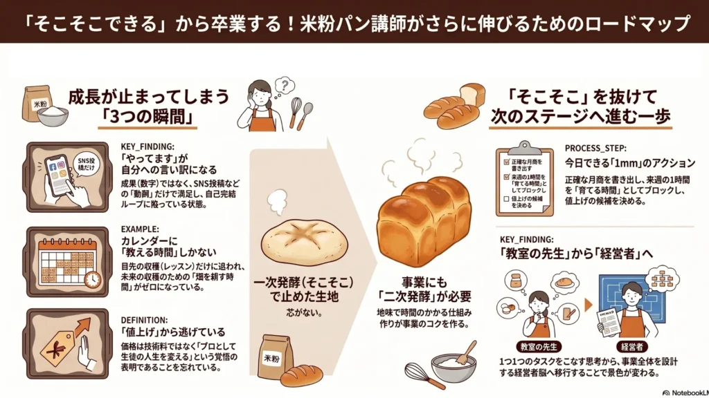 「そこそこできる」から卒業！米粉パン講師がさらに伸びるためのロードマップ図解（3つの止まる瞬間と今日できる1mmの行動まとめ）