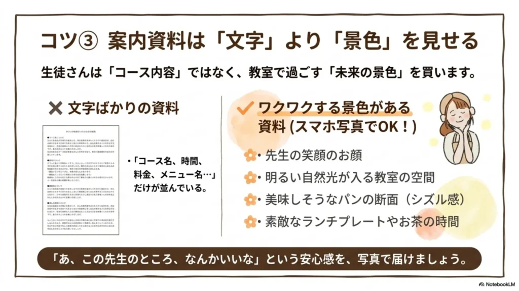 米粉パン教室の体験レッスン成約コツ③案内資料は『文字』より『景色』を見せて未来を想像してもらう