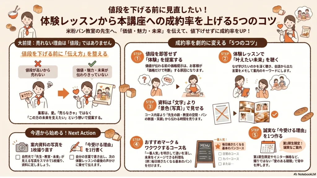 体験レッスンから本講座への成約率を上げる5つのコツ図解（米粉パン教室の値段ではなく『伝え方』を見直す5ステップを網羅したロードマップ）