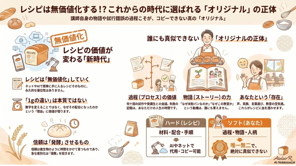 レシピは無価値化する⁉︎これからの時代に選ばれる『オリジナル』の正体まとめ図解（米粉パン講師の過程・物語・あなた自身がコピーできない真のオリジナル）