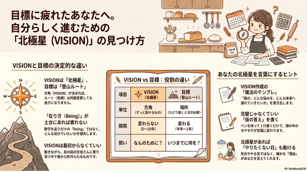目標に疲れたあなたへ|米粉パン講師が自分らしく進むための『北極星(VISION)』の見つけ方まとめ図解(VISIONと目標の決定的な違いと言葉にするヒント)