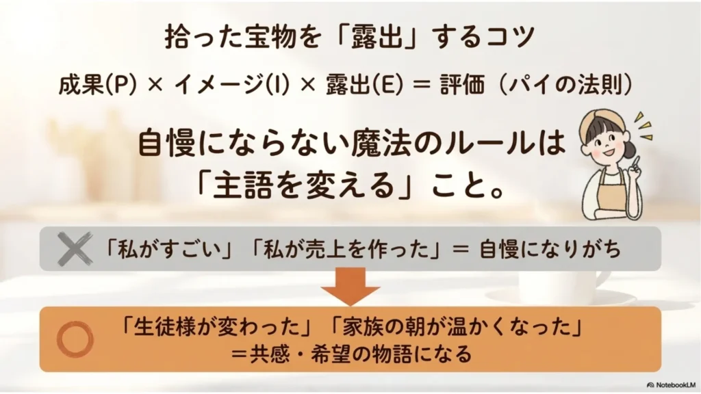 米粉パン講師が拾った実績を自慢にせず伝えるコツ、パイの法則(成果×イメージ×露出)と主語を変える魔法のルール