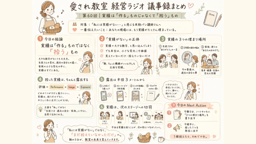 米粉パン講師のための『実績は作るじゃなくて拾うもの』まとめ図解(実績の3つの埋まり場所と露出のコツ、次のステージへの切符までを網羅したロードマップ)