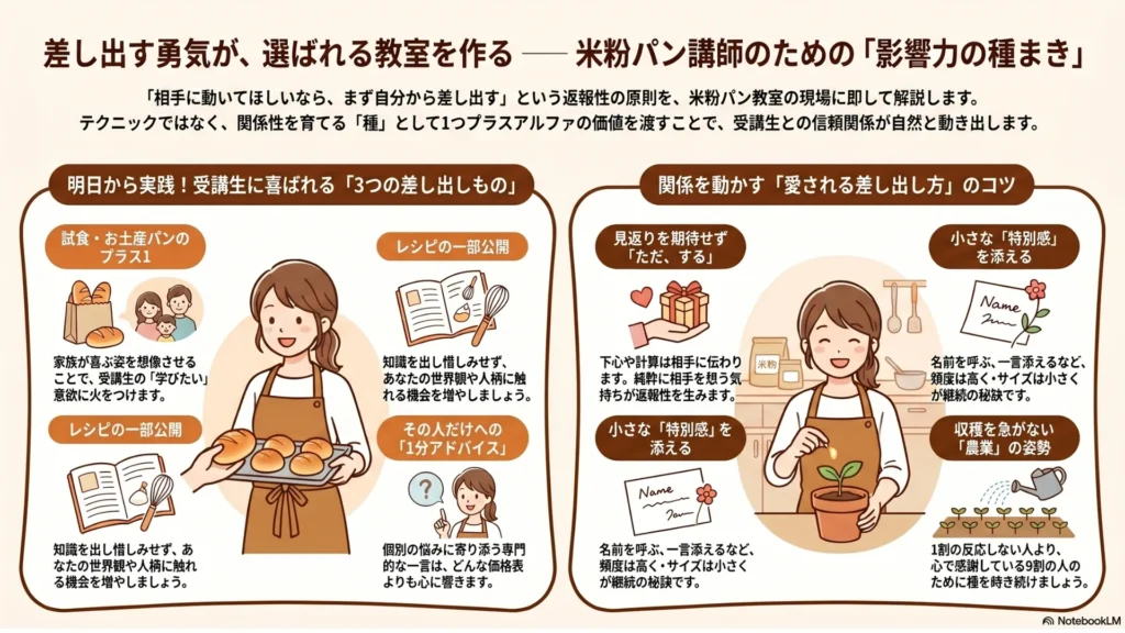 差し出す勇気が選ばれる教室を作る〜米粉パン講師のための『影響力の種まき』まとめ図解(明日から実践できる3つの差し出しものと、愛される差し出し方のコツを網羅)