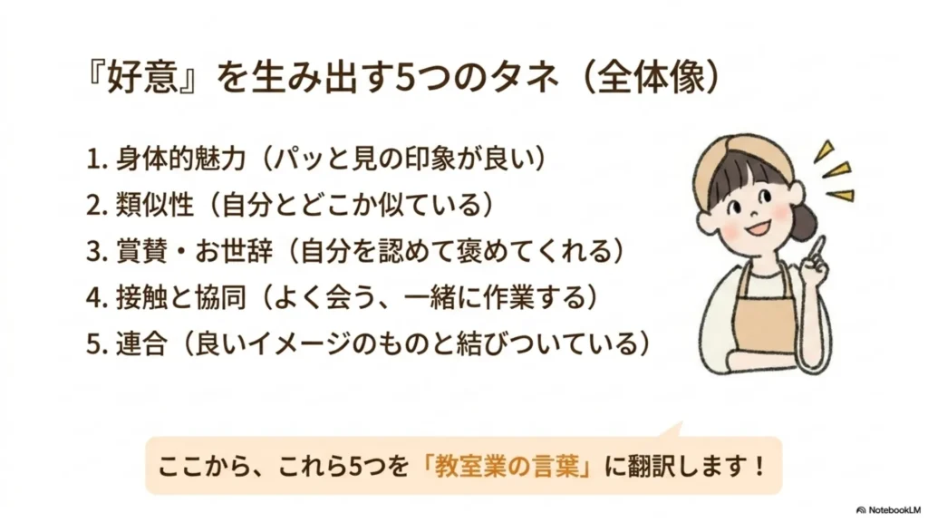 米粉パン講師のための『好意』を生み出す5つのタネ全体像(身体的魅力・類似性・賞賛お世辞・接触と協同・連合を教室業の言葉に翻訳)