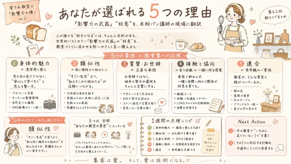 米粉パン講師のための『あなたが選ばれる5つの理由』まとめ図解(清潔感と整え・類似性・正直な承認・接触と協同・世界観の一貫性、5つのタネと1週間の点検レシピを網羅)