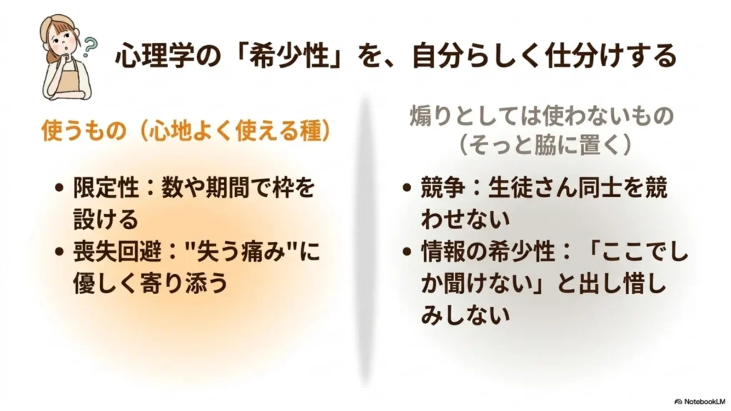 米粉パン教室で希少性を使うときの仕分け、心地よく使える『限定性・喪失回避』と、そっと脇に置く『競争・情報の希少性』の違い