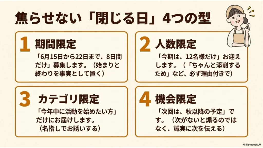 米粉パン教室が焦らせない『閉じる日』を伝える4つの型（期間限定・人数限定・カテゴリ限定・機会限定）で誠実に事実を届ける