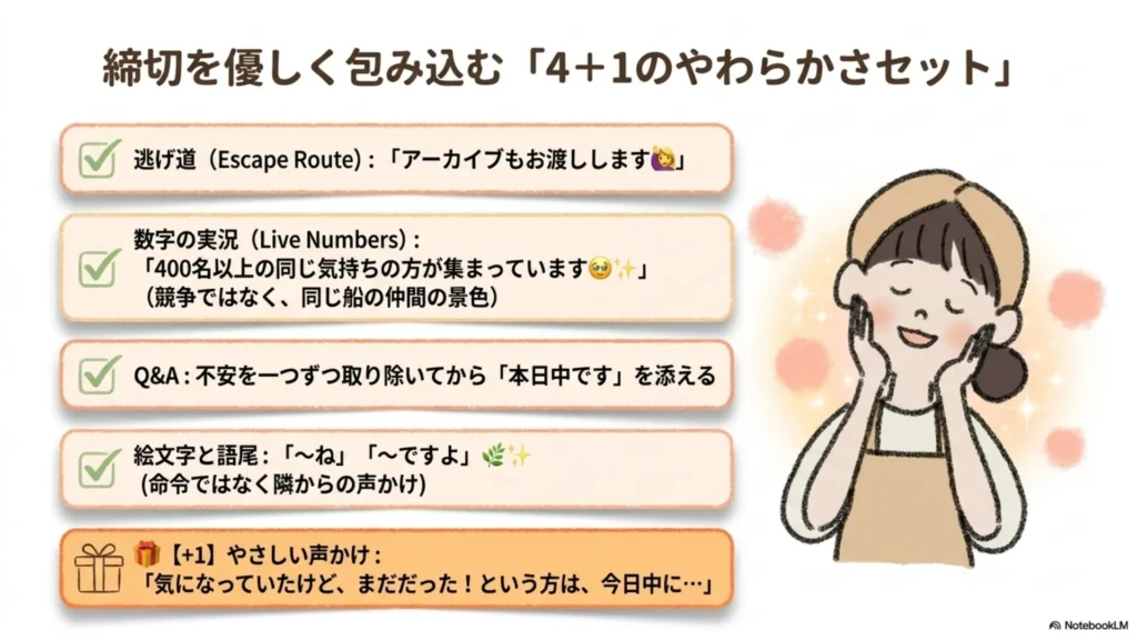 米粉パン教室が締切を優しく包み込む『4+1のやわらかさセット』（逃げ道・数字の実況・Q&A・絵文字と語尾・気になっていた方への声かけ）で煽らず届ける