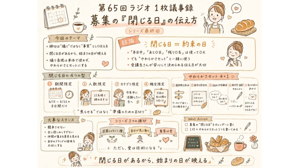米粉パン講師のための『募集の閉じる日の伝え方』まとめ図解（希少性の4つの型と『4+1のやわらかさセット』、シリーズ3つの旗印を1枚で網羅した実践ロードマップ）
