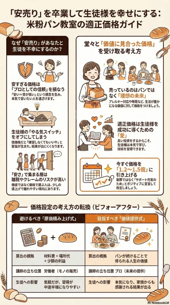 「安売り」を卒業して生徒様を幸せにする米粉パン教室の適正価格ガイド:安売りが不幸を招く理由、価値に見合った価格を受け取る考え方、原価積み上げ式から価値提供式への転換を解説する図解