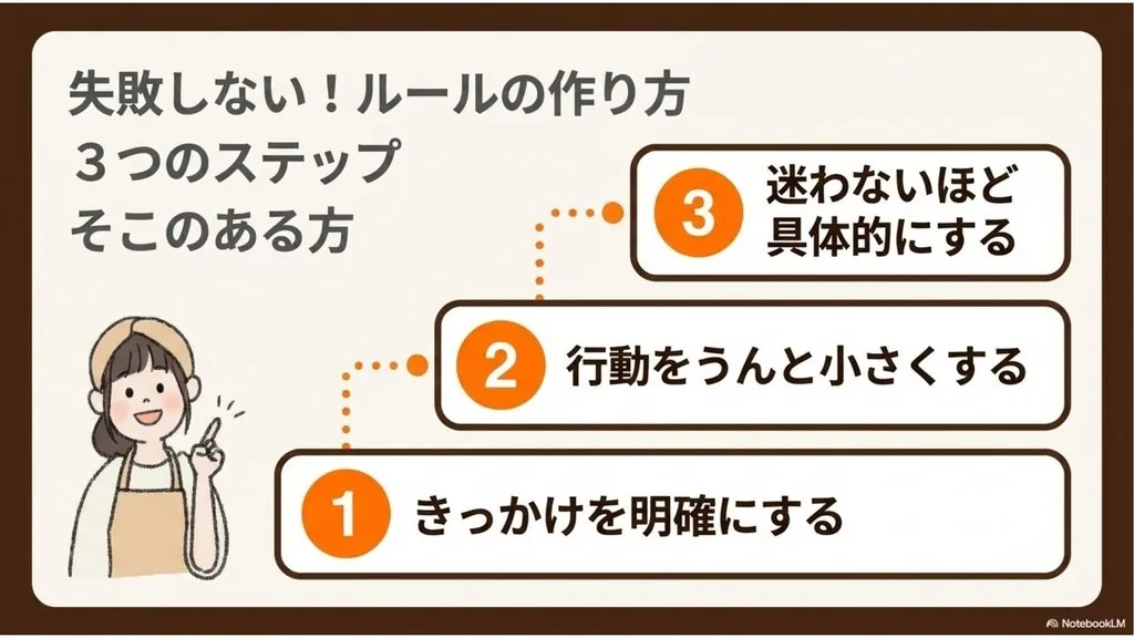 米粉パン講師のための『イフゼンルール』失敗しないルールの作り方まとめ図解(きっかけを明確にする→行動を小さくする→迷わないほど具体的にする、の3ステップで気合いに頼らず教室運営を回すロードマップ)