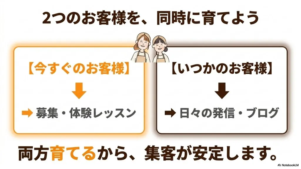 米粉パン教室の集客が安定する秘訣は2つのお客様を同時に育てること、【今すぐのお客様】は募集・体験レッスンへ/【いつかのお客様】は日々の発信・ブログで育てる
