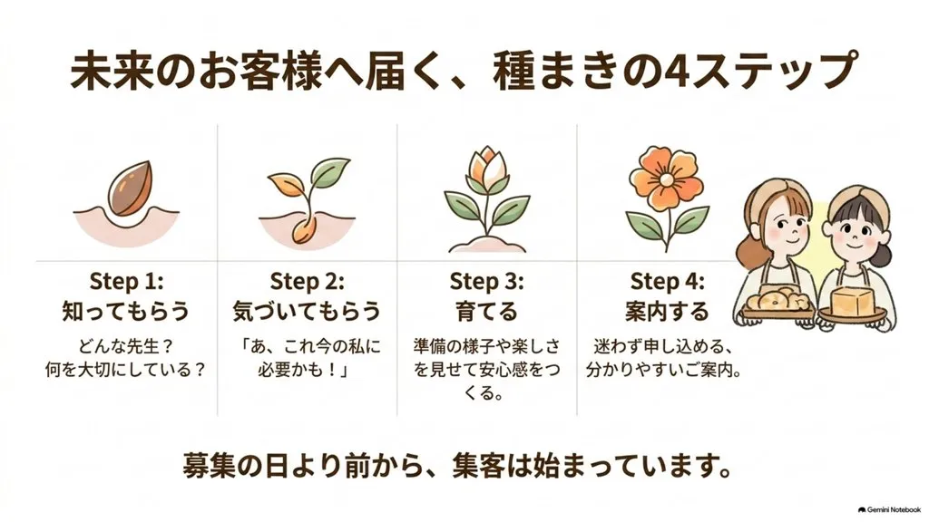 米粉パン講師のための未来のお客様へ届く『種まきの4ステップ』(Step1知ってもらう→Step2気づいてもらう→Step3育てる→Step4案内する)、募集の日より前から集客は始まっている
