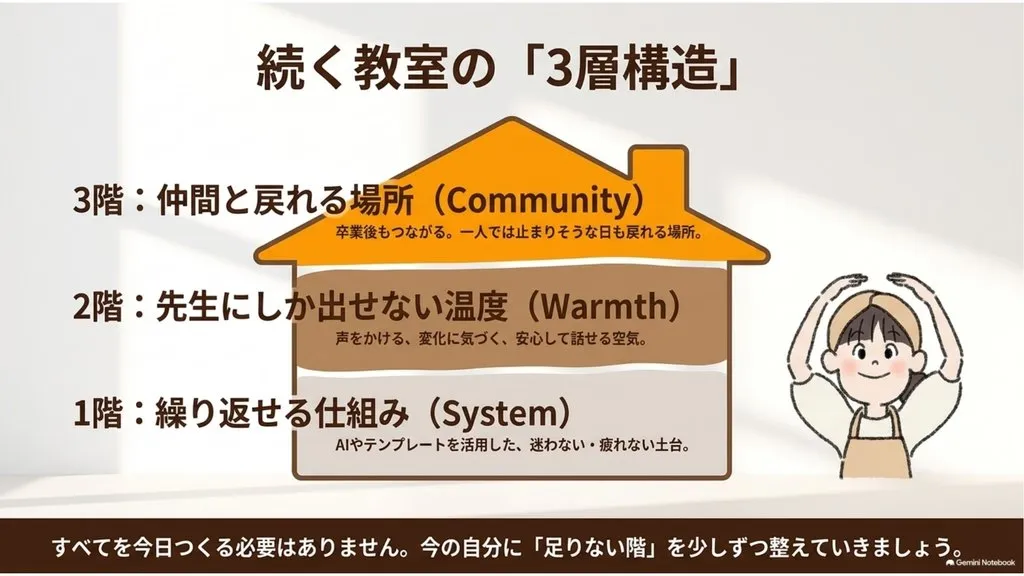 米粉パン講師のための『続く教室の3層構造』まとめ図解(1階:繰り返せる仕組み System/2階:先生にしか出せない温度 Warmth/3階:仲間と戻れる場所 Community、今の自分に足りない階を少しずつ整えていく実践ロードマップ)