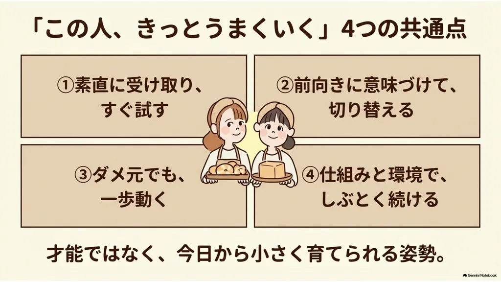 米粉パン講師のための『この人、きっとうまくいくと思う人の4つの共通点』まとめ図解(①素直に受け取りすぐ試す ②前向きに意味づけて切り替える ③ダメ元でも一歩動く ④仕組みと環境でしぶとく続ける、才能ではなく今日から小さく育てられる姿勢のロードマップ)