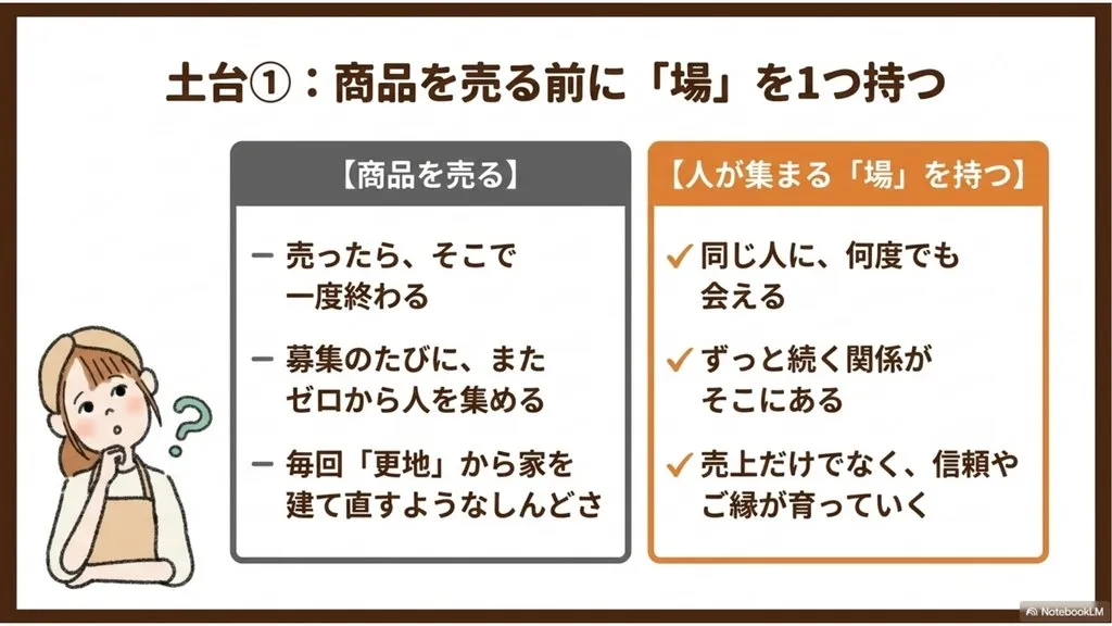 米粉パン教室で商品を売る前に『場』を1つ持つ、【商品を売る】は売ったら終わり毎回ゼロから／【場を持つ】は同じ人に何度でも会えて信頼が育つの比較