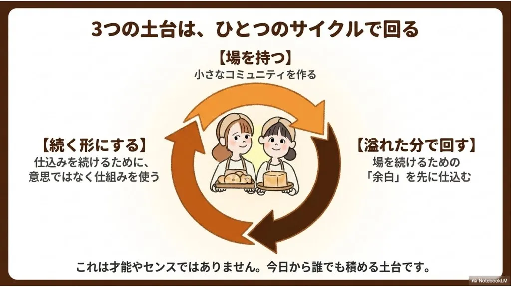 米粉パン講師のための『教室がずっと続く人の3つの土台』まとめ図解（場を持つ→溢れた分で回す→続く形にする、の3つがサイクルで回る仕組み、才能やセンスではなく今日から誰でも積める土台のロードマップ）