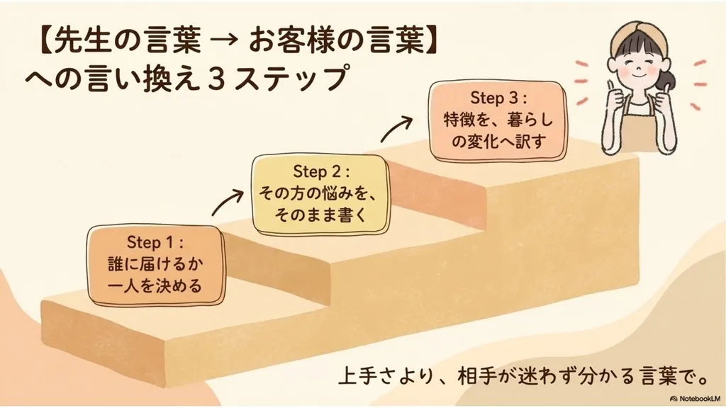 米粉パン講師のための『先生の言葉→お客様の言葉』言い換え3ステップ（Step1誰に届けるか一人を決める→Step2その方の悩みをそのまま書く→Step3特徴を暮らしの変化へ訳す）、上手さより相手が迷わず分かる言葉で