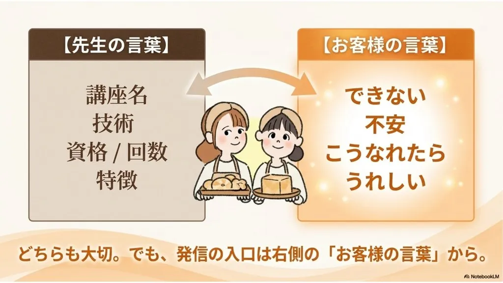米粉パン教室の発信、【先生の言葉】は講座名・技術・資格/回数・特徴／【お客様の言葉】は「できない」「不安」「こうなれたらうれしい」／発信の入口はお客様の言葉から