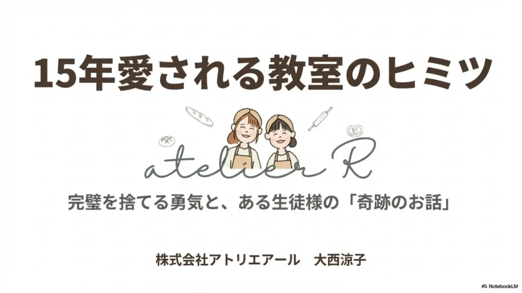 ブログ記事のタイトル画像。「15年愛される教室のヒミツ~完璧を捨てる勇気と、ある生徒様の『奇跡のお話』~」と書かれた表紙スライド
