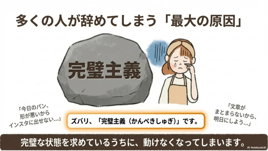 多くの人が辞めてしまう「最大の原因」を解説するスライド。大きな岩に『完璧主義(かんぺきしゅぎ)』と書かれ、「今日のパン、形が悪いからインスタに出せない」「文章がまとまらないから明日にしよう」という言い訳の吹き出しが添えられ、完璧な状態を求めているうちに動けなくなると説明