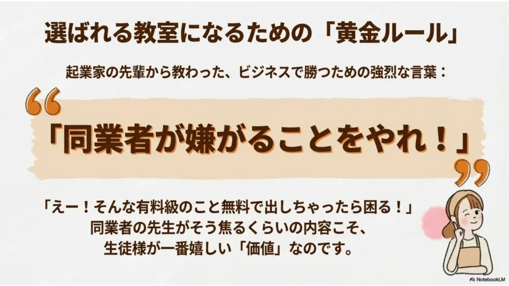 「選ばれる教室になるための黄金ルール」スライド。起業家の先輩から教わった『同業者が嫌がることをやれ!』という言葉を大きく掲げ、同業者が焦るくらいの有料級ノウハウこそが生徒様にとって一番嬉しい価値であると解説