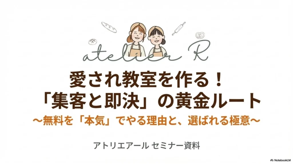 ブログ記事のタイトル画像。「愛され教室を作る!『集客と即決』の黄金ルート~無料を『本気』でやる理由と、選ばれる極意~」と書かれた表紙スライド