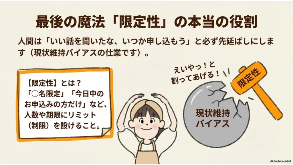 「最後の魔法『限定性』の本当の役割」を解説するスライド。人間は『いい話を聞いたな、いつか申し込もう』と先延ばしする現状維持バイアスの仕業があるため、〇名限定や今日中のお申し込み方など人数や期限の制限を設けて、優しく背中を押す必要があると説明
✅ 投稿前チェックリスト
タイトル(30文字)入力
スラッグ free-giving-instant-decision 設定
コードエディターでHTML貼り付け
スライド画像4枚(表紙+図解+本文中2枚)を差し替え+ALT手動入力
アイキャッチ画像設定
メタディスクリプションをSEOプラグインに入力
カテゴリー「愛され教室経営」設定
プレビュー確認 → 公開
Blog 無料を本気でやる 集客と即決の黄金ルートコード · HTML Google Chromeあなたの入力: /compact/compact処理中...質問するLegacy Modelキュー