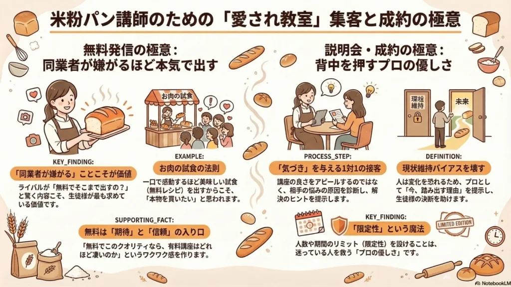 未来の満席を作る黄金のルート」を解説した3ステップのフロー図。1.Instagramで知ってもらう(入口を広げ出会いを作る)、2.本気の無料提供で信頼と期待を作る(同業者が驚くほど出し惜しみしない)、3.診断と限定性で決断を助ける(一人ひとりに向き合い優しく背中を押す)、という3段階を矢印で示す