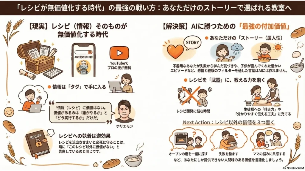 愛され教室の「本当の価値」図解：レシピの分量＋開発の裏側（何百回の失敗と改良のストーリー）＋教えるポイント（目の前の生徒さんへの伴走力）の3つが本当の価値であることを示すインフォグラフィック