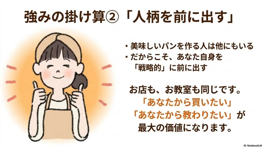 米粉パン教室の強みの掛け算②「人柄を前に出す」｜美味しい米粉パンを作れる人は他にもいるからこそ、講師自身を戦略的に前へ｜「あなたから買いたい」「あなたから教わりたい」が最大の価値にな