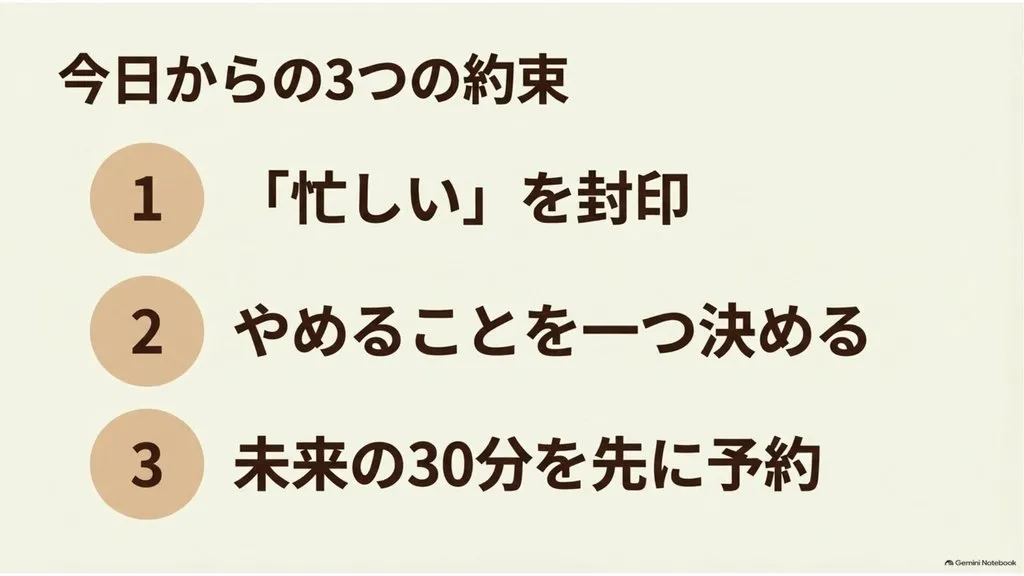 米粉パン講師のための『今日からの3つの約束』まとめ図解(1:忙しいを封印、2:やめることを一つ決める、3:未来の30分を先に予約、憧れられる教室経営へ戻るための具体的ステップ)