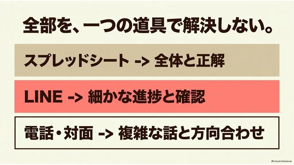 米粉パン教室の複数企画進行、道具は3つに分ける、スプレッドシート=全体と正解/LINE=細かな進捗と確認/電話・対面=複雑な話と方向合わせ
