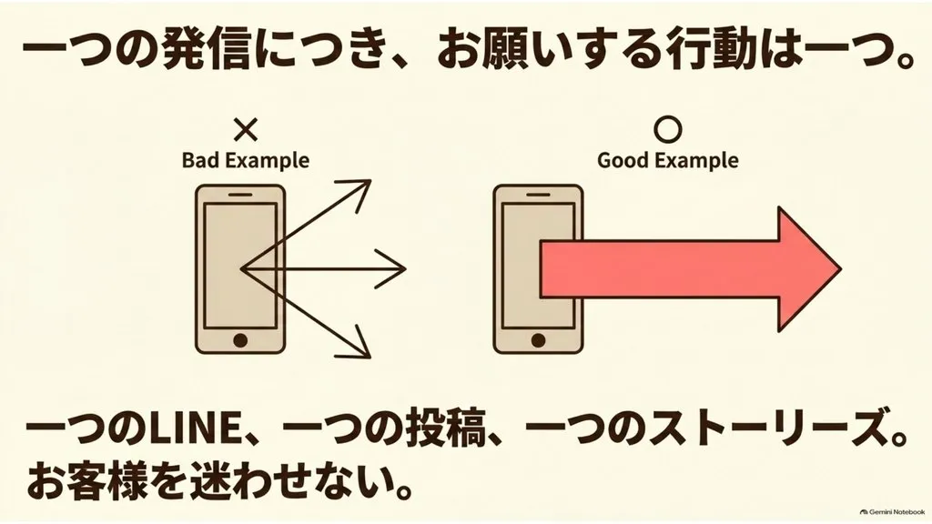 米粉パン教室の発信ルール、一つのLINE・一つの投稿・一つのストーリーズにつきお願いする行動は一つ、複数のCTAは読者を迷わせて動きを止めてしまう