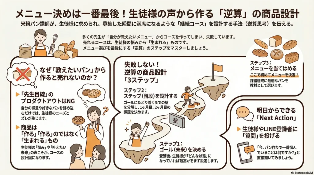 メニュー決めは一番最後！生徒様の声から作る逆算の商品設計ガイド：先生目線（プロダクトアウト）がNGな理由、商品は作るのではなく生まれるもの、絶対に外さない逆算3ステップ（ゴール→階段→メニュー）、明日からできるNext Actionを解説する図解