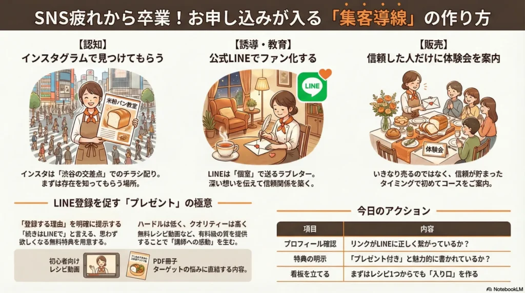 SNS疲れから卒業し米粉パン教室にお申し込みが入る集客導線3ステップ(認知→誘導・教育→販売)の図解