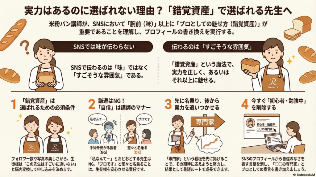 実力はあるのに選ばれない米粉パン講師のための「錯覚資産」解説図解。SNSでは味ではなく雰囲気が伝わる理由と、プロとして選ばれる4つのステップ
