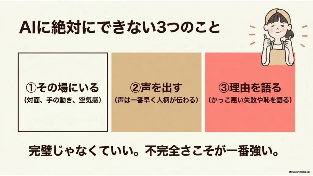 米粉パン講師のための『AIに絶対にできない3つのこと』まとめ図解(①その場にいる ②声を出す ③理由を語る、完璧じゃなくていい不完全さこそが一番強い実践ロードマップ)