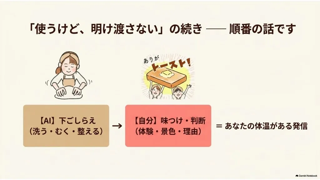 米粉パン講師のためのAI活用の順番、【AI】が下ごしらえ→【自分】が味つけ・判断でようやくあなたの体温がある発信になる
