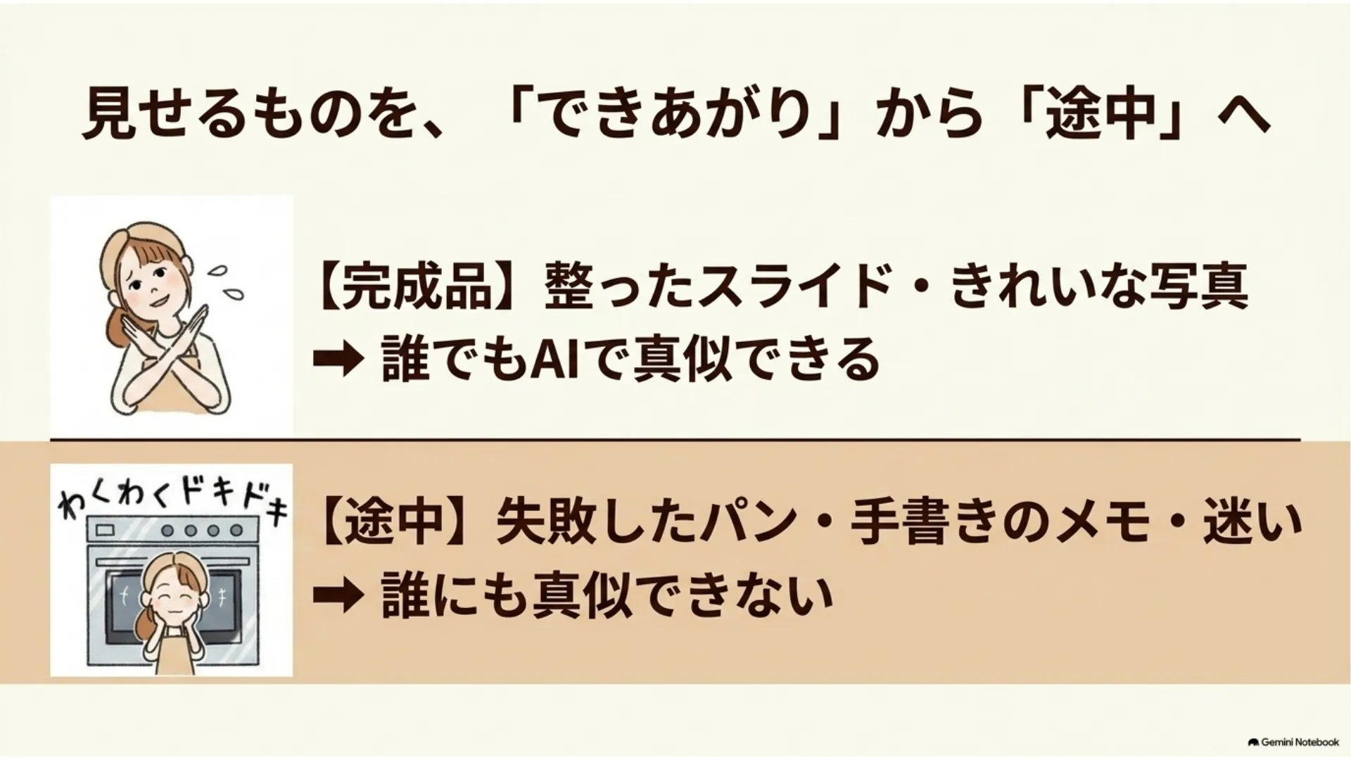 米粉パン教室の発信は完成品から途中へ、整ったスライドやきれいな写真は誰でもAIで真似できるが、失敗したパン・手書きのメモ・迷いは誰にも真似できない