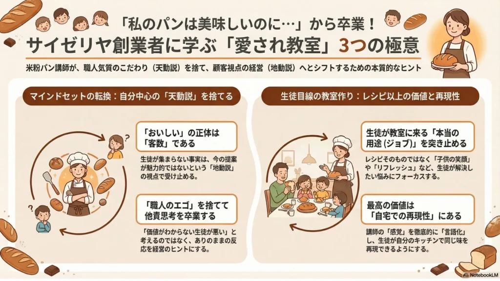 「私のパンは美味しいのに…」から卒業！3つの極意図解：①マインドセット転換（事実を見る・天動説卒業）②集客視点の変革（ジョブ理論・本当の用途を知る）③伝え方の進化（再現性・感覚から言葉へ）を示すインフォグラフィック